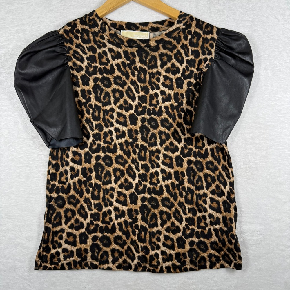 Michael Michael Kors Leopard Print Faux Leather Puff Sleeve Top PB950HV2P5 P/XS
